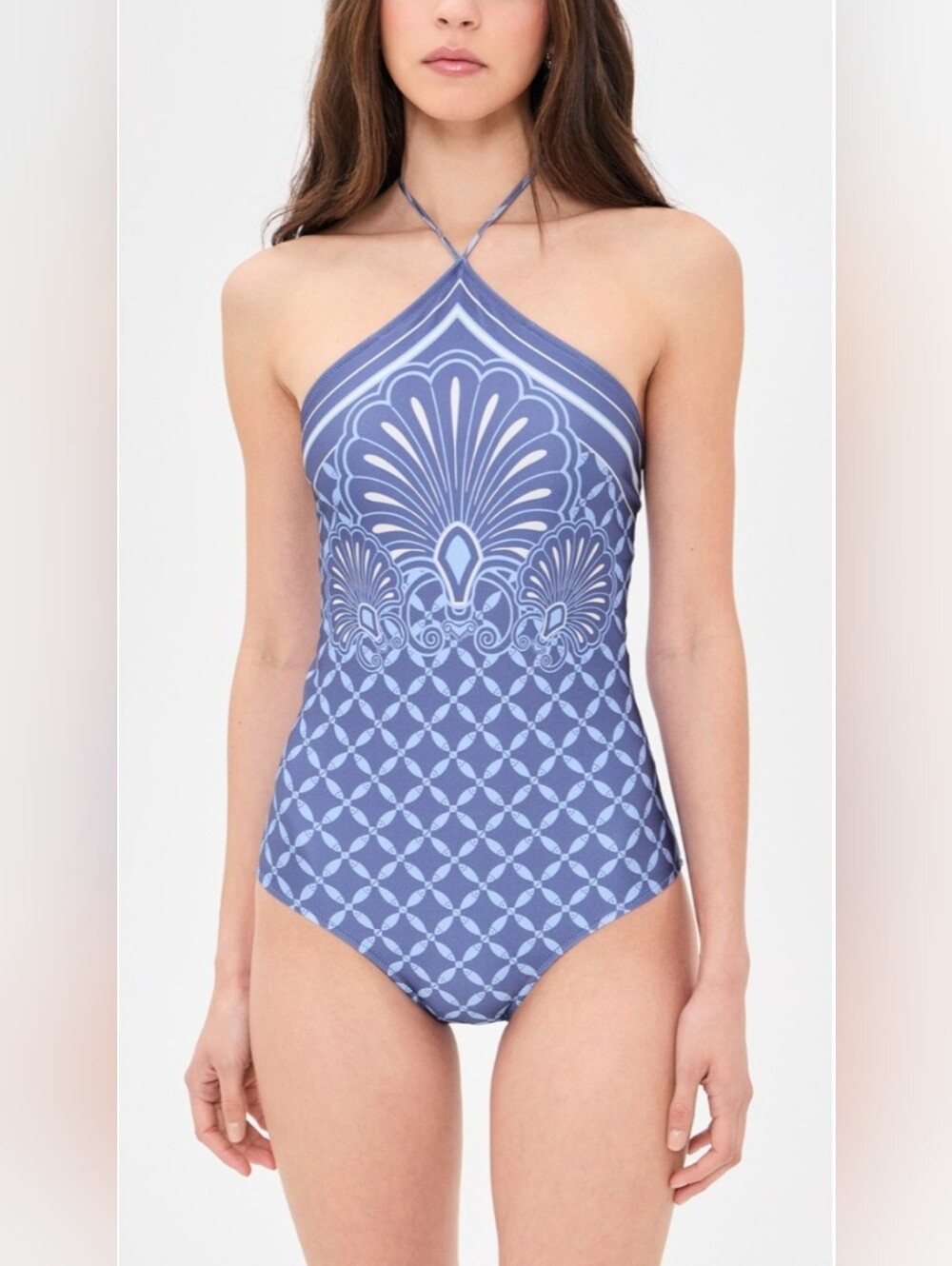 Shani Shemer Camilla One Piece Halter Swimsuit In Indigo Print Womens NWT S